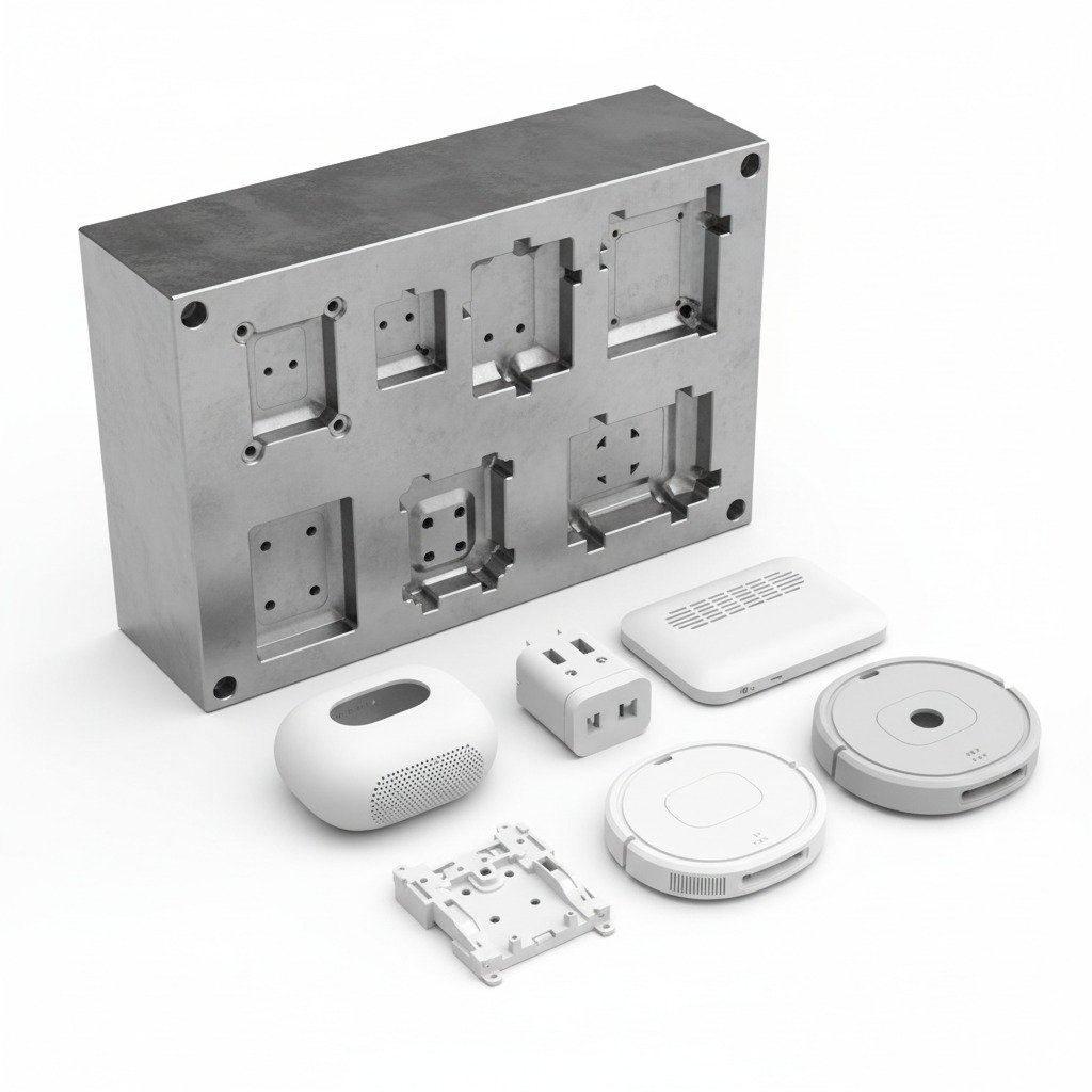 A collection of various plastic molded products like gears, casings, and containers